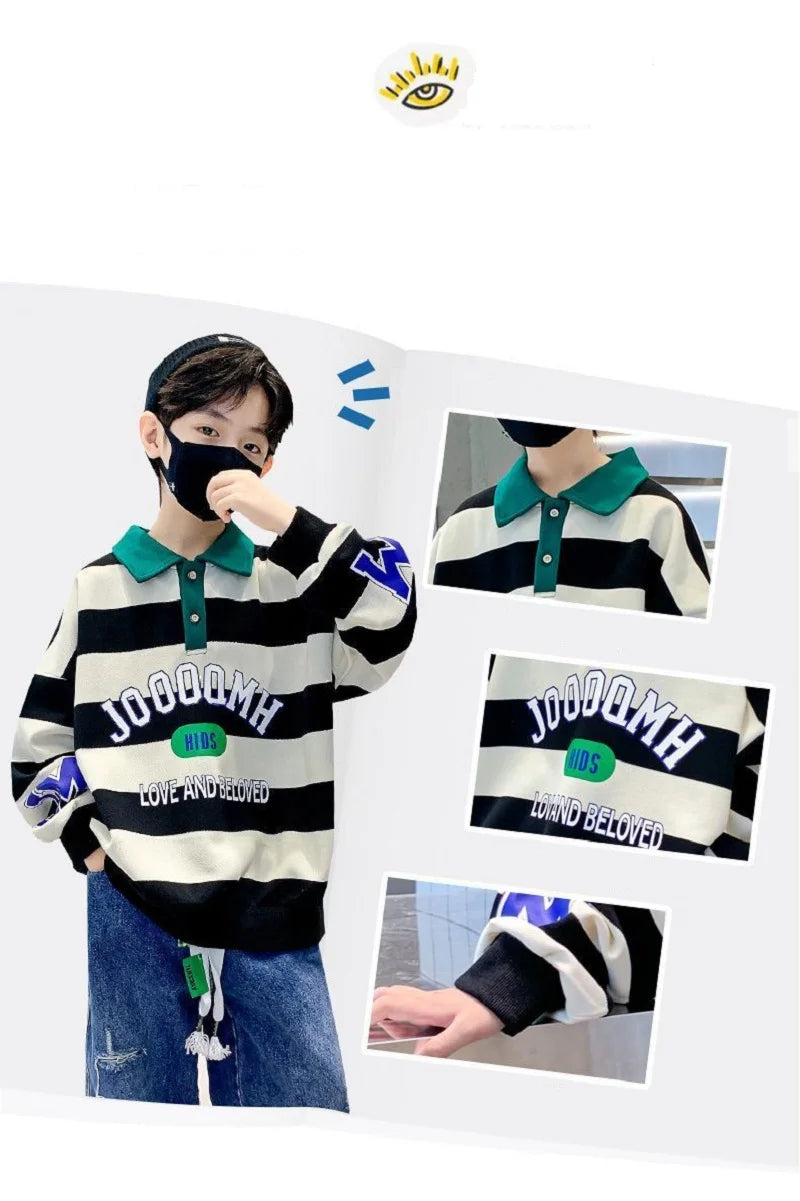 Spring Autumn Boys Cotton Contrast Striped Alphabet Turtleneck