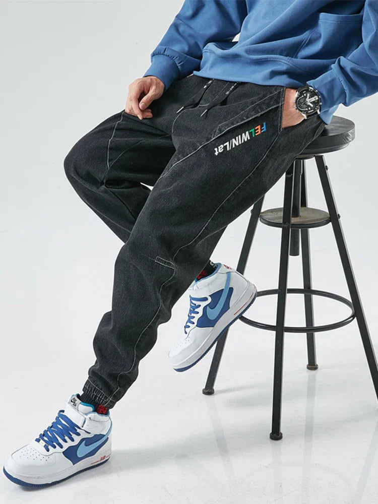 Spring Summer Drawstring Cargo Jeans Men Black Denim