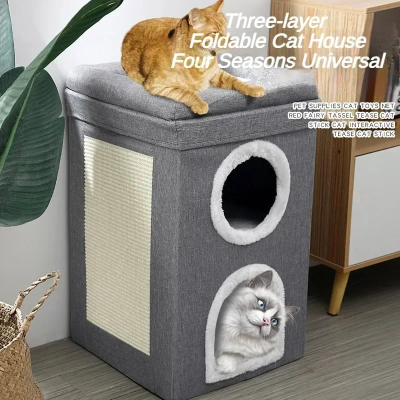 Foldable Cat House with Scratch Pad, Hideaway Condo