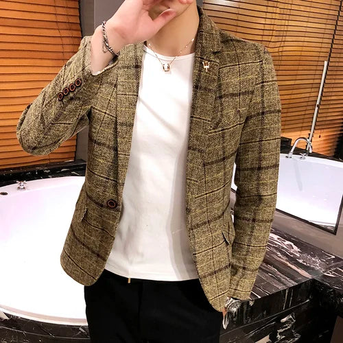 Men Checked Suit Jacket 2023 Spring New Linen