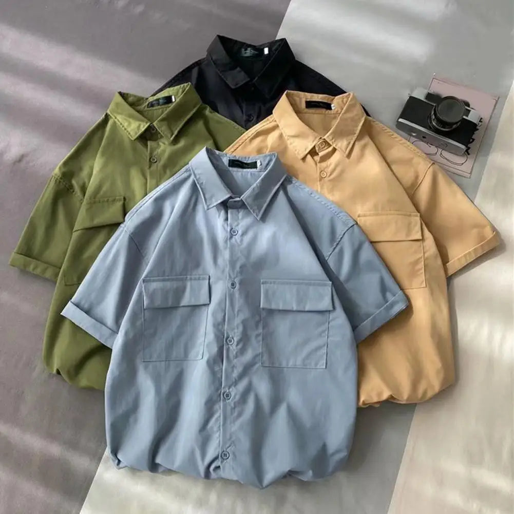 Male Cargo Shirt Lapel Half Sleeve Flap Pockets