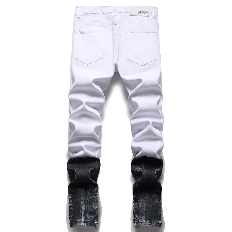 Men Rose Embroidery Jeans Fashion Holes Ripped Stretch