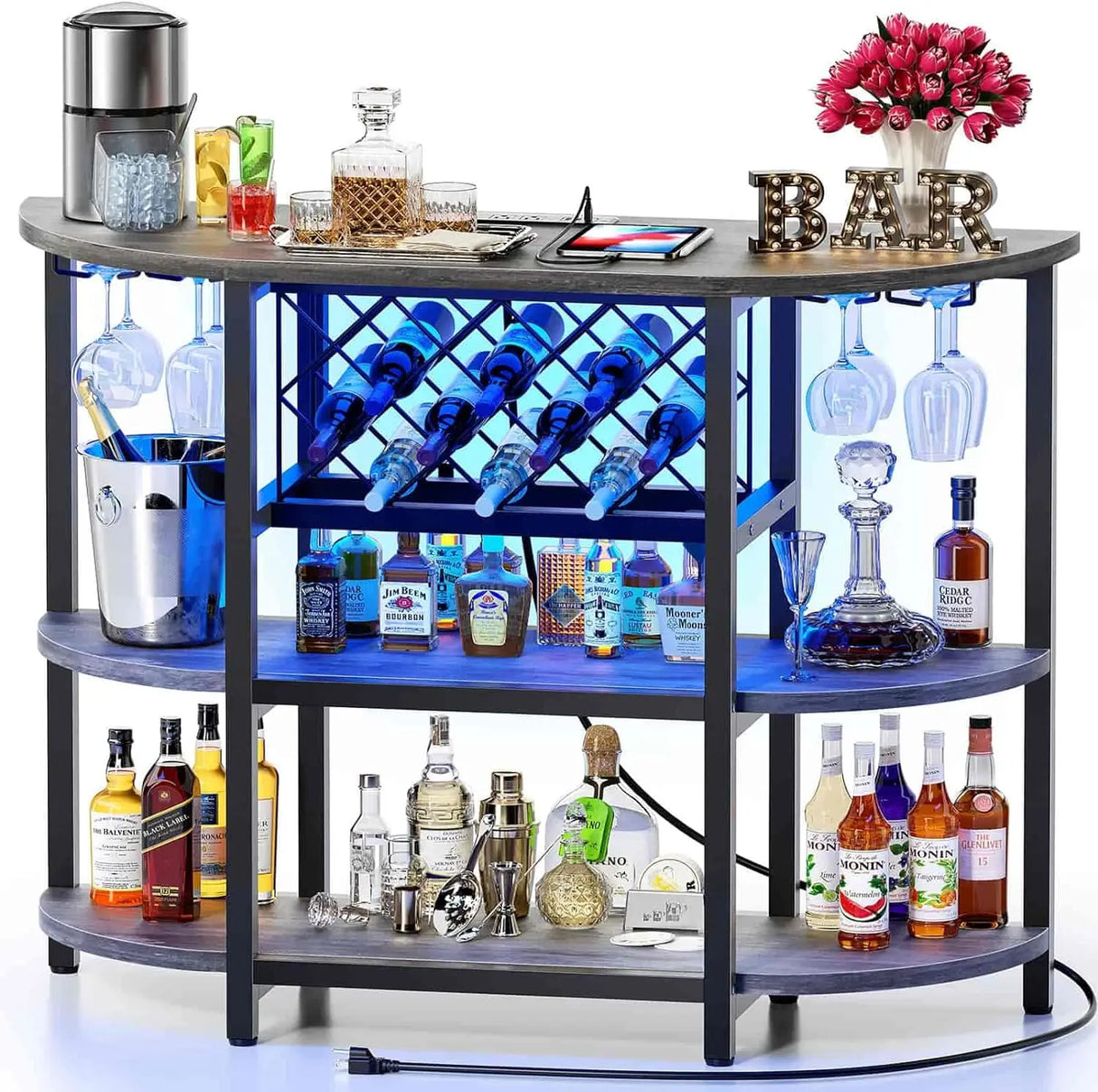 Bar Table Cabinet with Power Outlet, LED Home