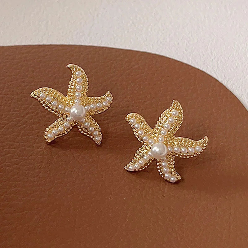 Classic Vintage Pearl Star Metal Starfish Earrings For