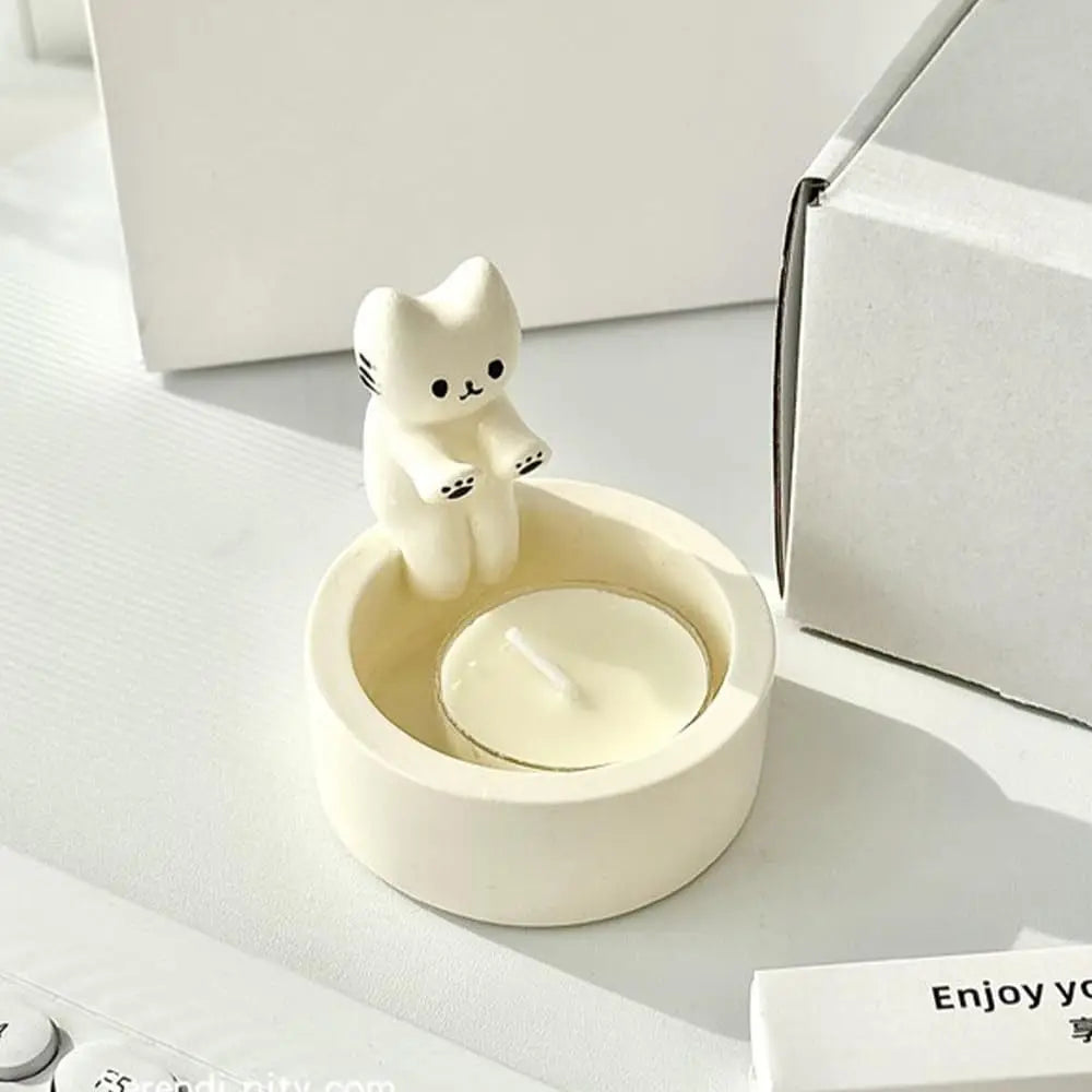 Cartoon Kitten Candle Holder Warming Its Paws Cute