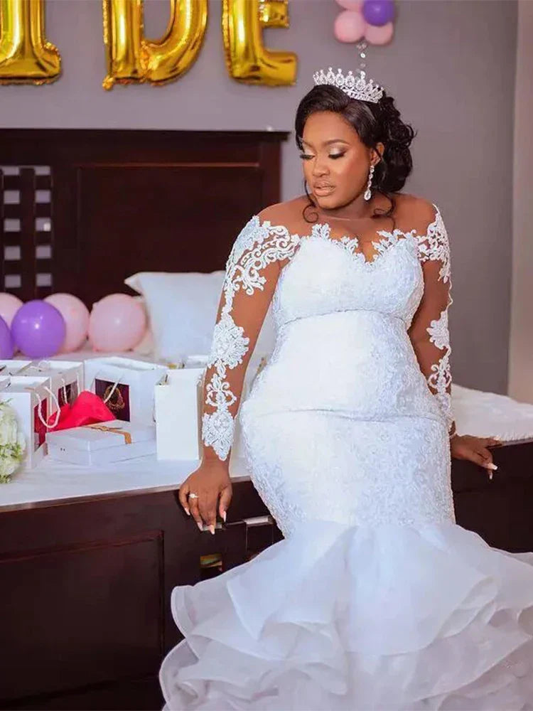 African Plus Size Mermaid Wedding Dress Appliques Sheer
