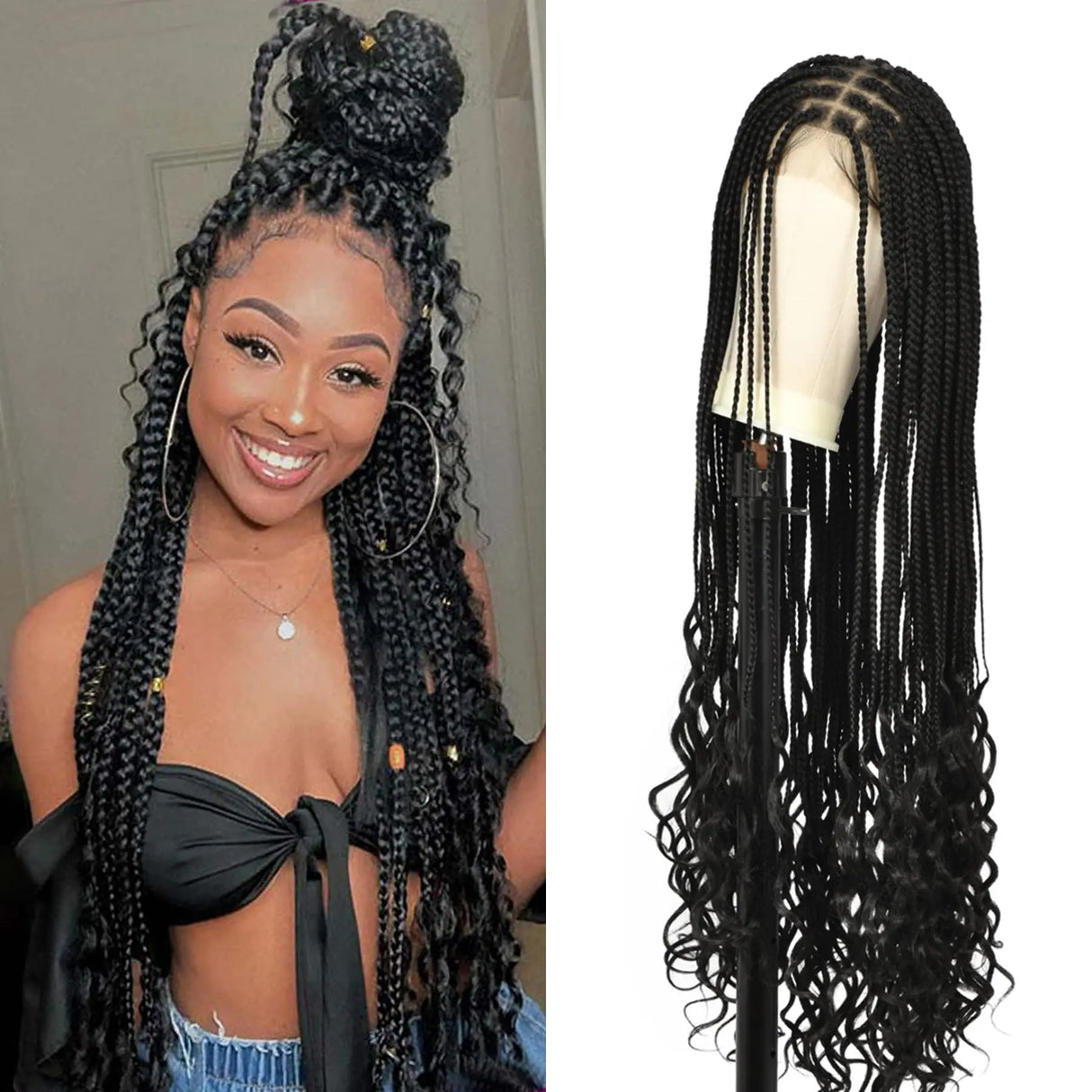 Kaylss 38‘’ Full Double Lace Front Knotless Box Braided Wigs with Baby Hair Super Long Braids Wig With Curls Ends