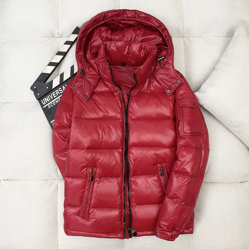 Men Shiny Duck Down Coats Winter Hooded Casual