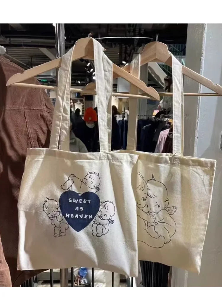 Casual Women Fashion Yellow Angel Printed Shoulder Bag 2023 Summer Vintage Canvas Fabric Female Bags Mujer