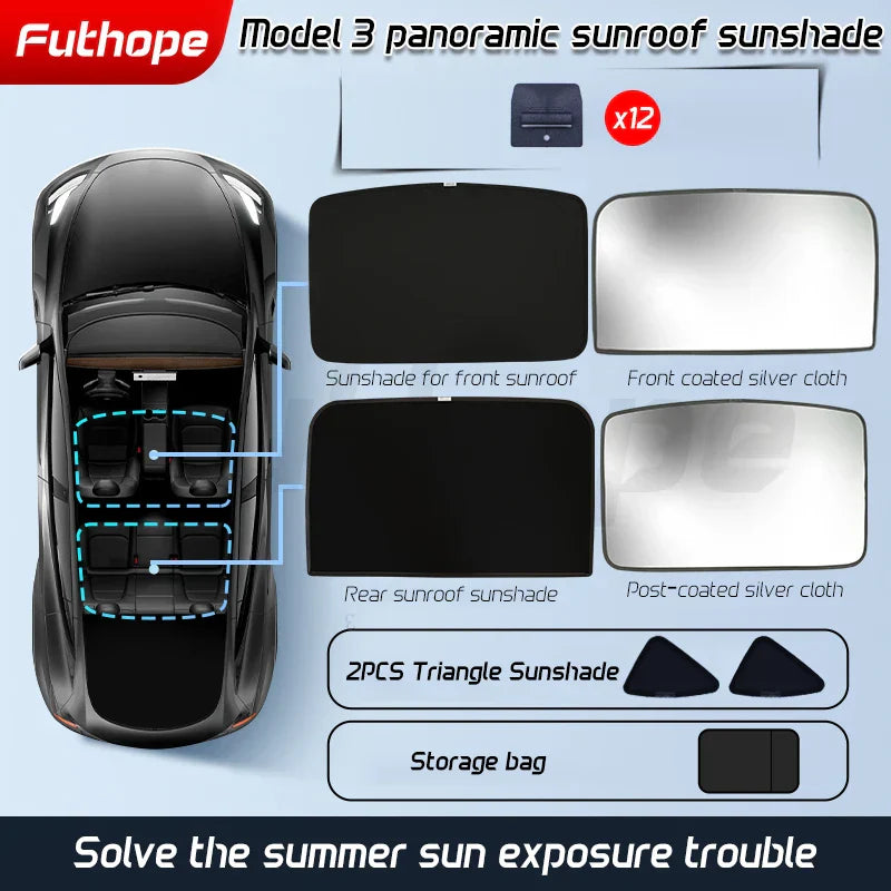 Futhope Upgrade Ice Cloth Buckle Sun Shades Glass Roof Sunshade For Tesla Model 3 Y 2021-2024 Front Rear Sunroof Skylight