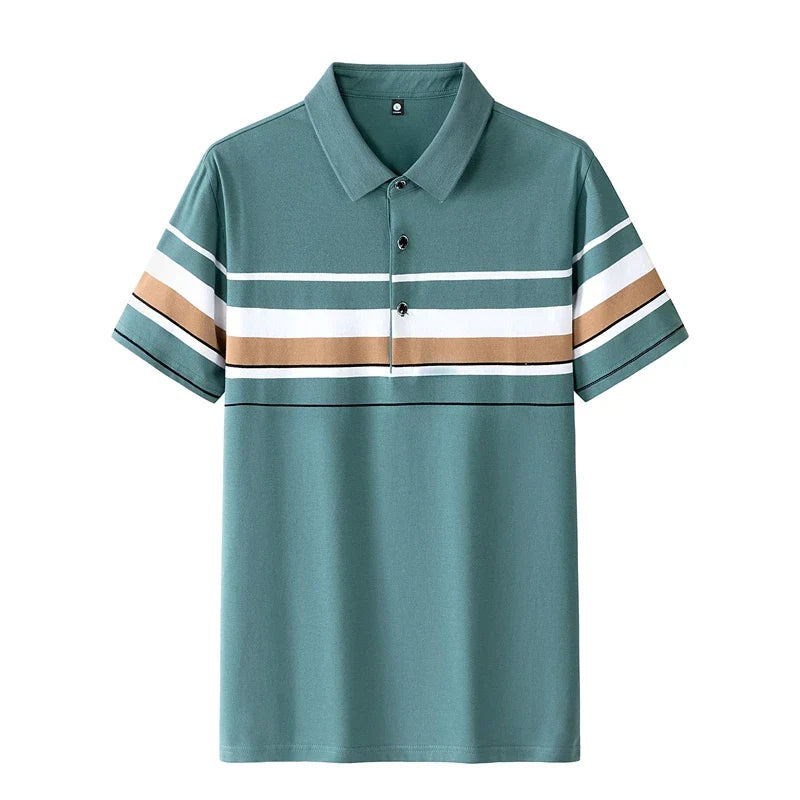 Mens Summer Pullover Solid Turndown Collar Striped Button