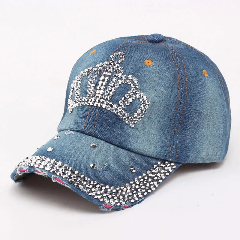 Women Bling Tiara Distressed Denim Baseball Cap Rhinestones
