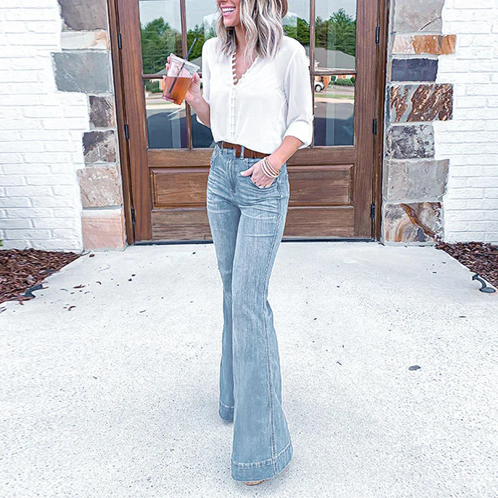 Womens Casual High Waist Jeans Wide Leg Denim