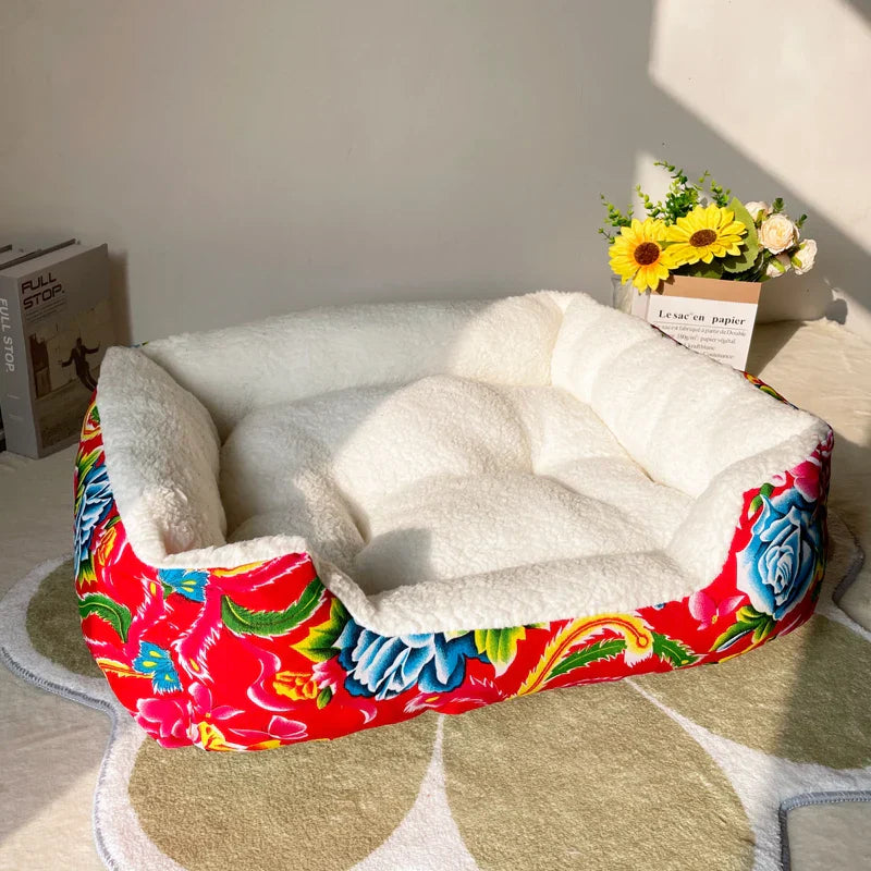 Washable Cozy Plush Pet Bed Winter Warm Flower