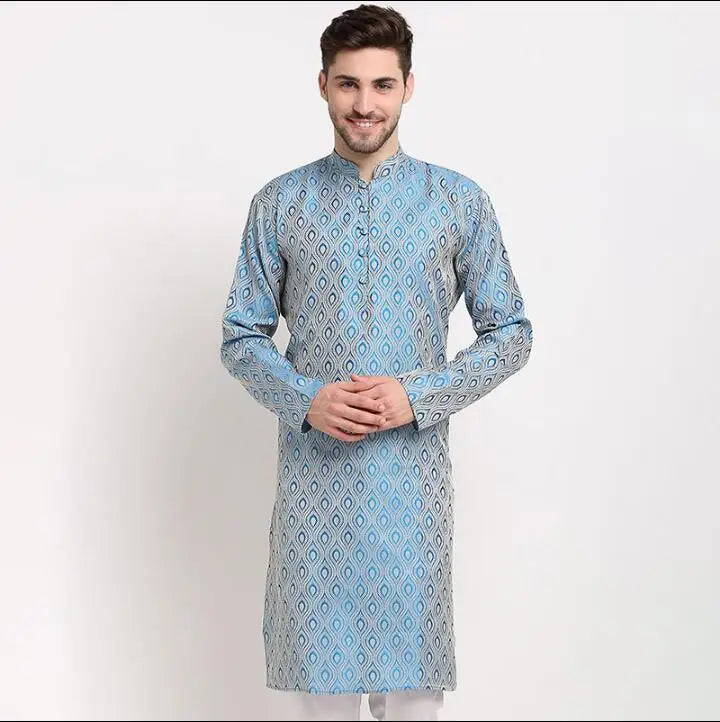 Indian Traditional Men's Shirt Cotton Jacquard Long Top