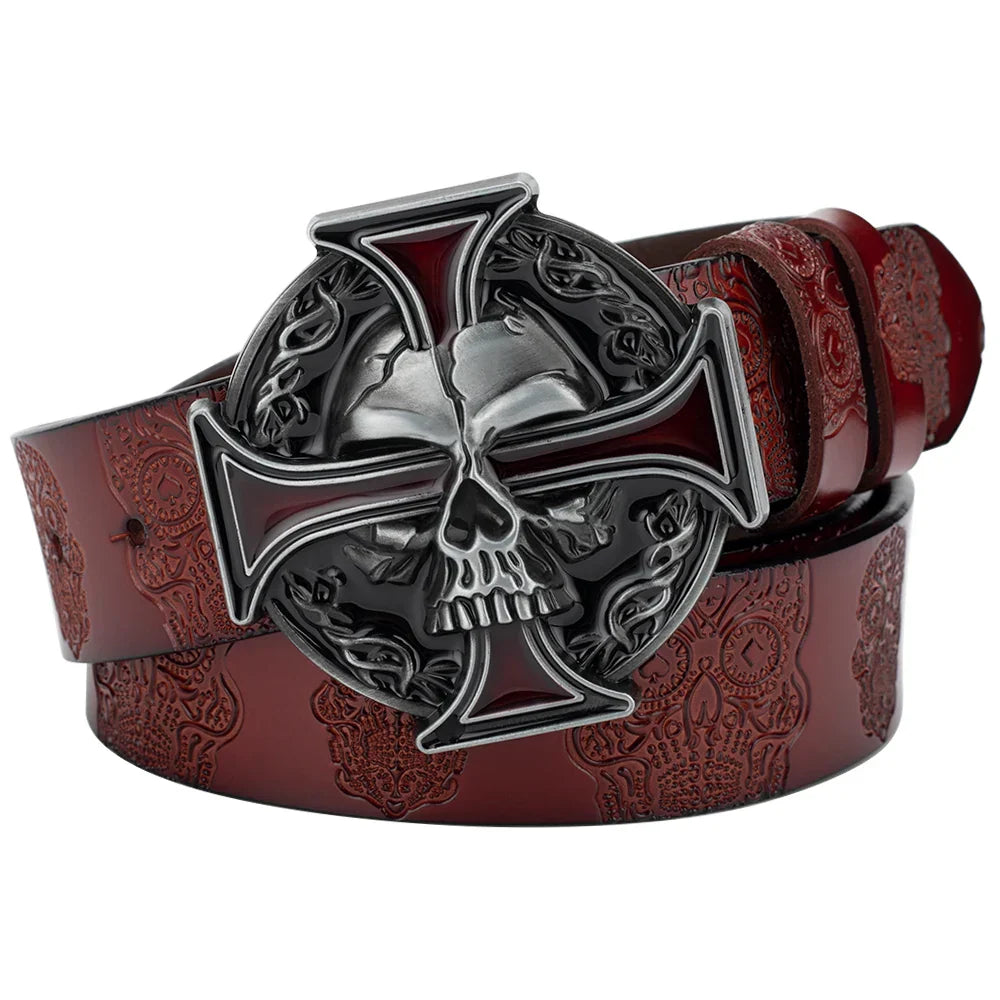 Skull Leather Belt Embossed Pattern Cowskin Fashion Buckle