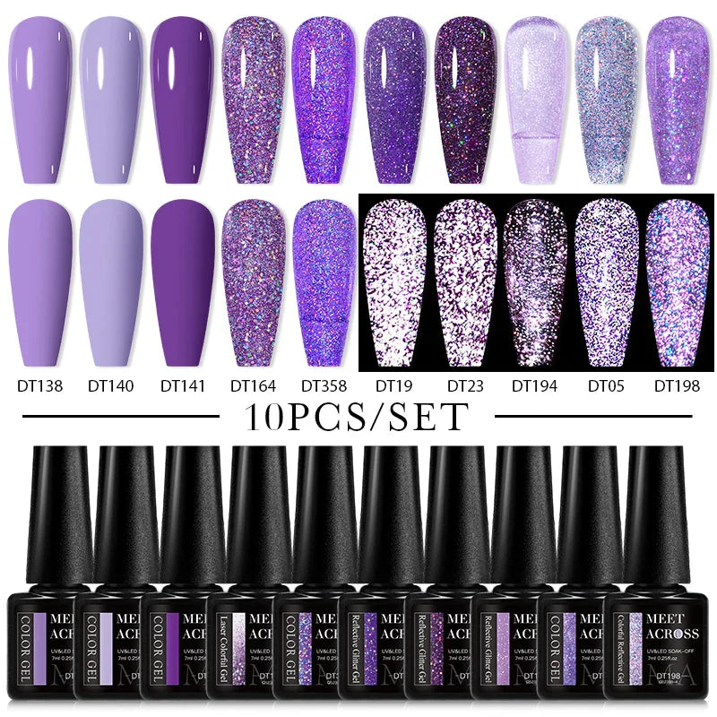 10Pcs Nude Glitter Gel Nail Polish Set Purple