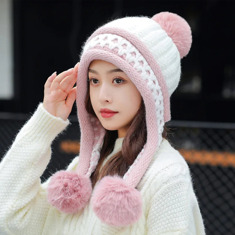 New Knitted Hat Thick Warm Earflap Hats Scarf