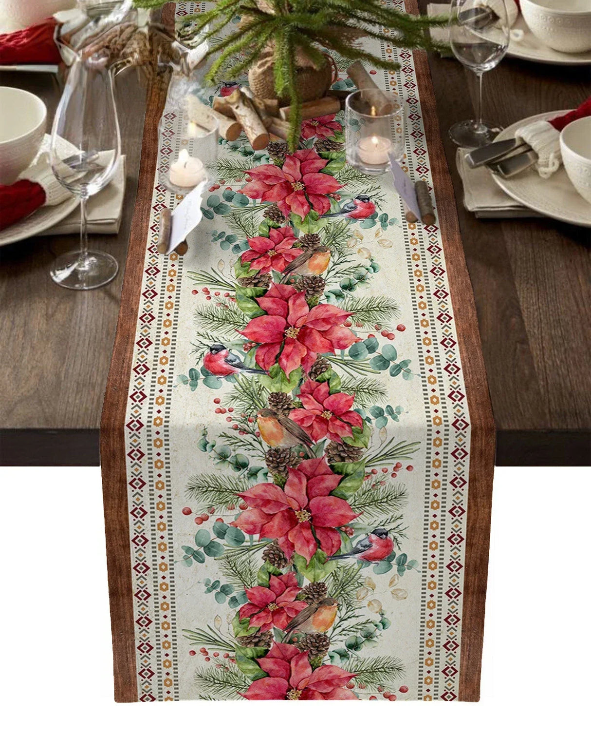 Modern Elegant Table Runner Eucalyptus Berries Robin Table
