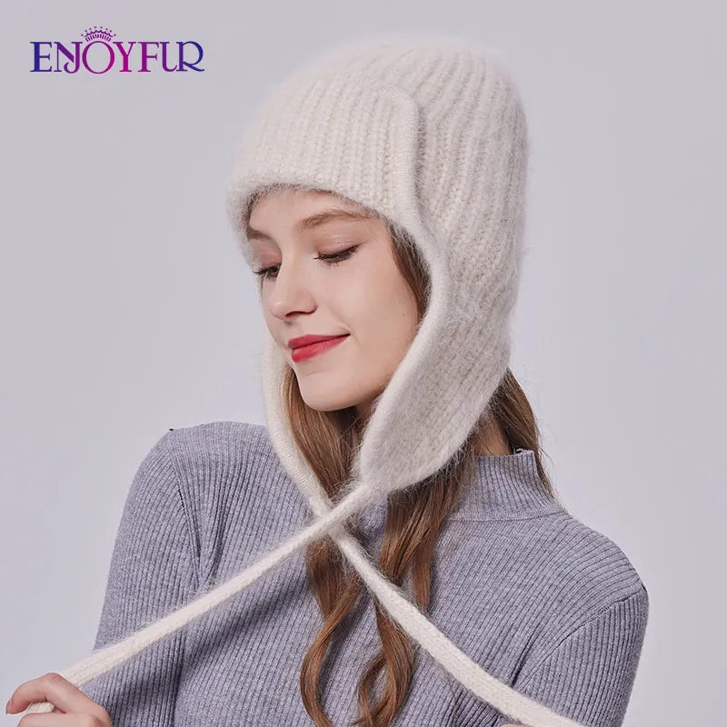 ENJOYFUR Women Winter Angora Earflaps Hat Warm Fluffy