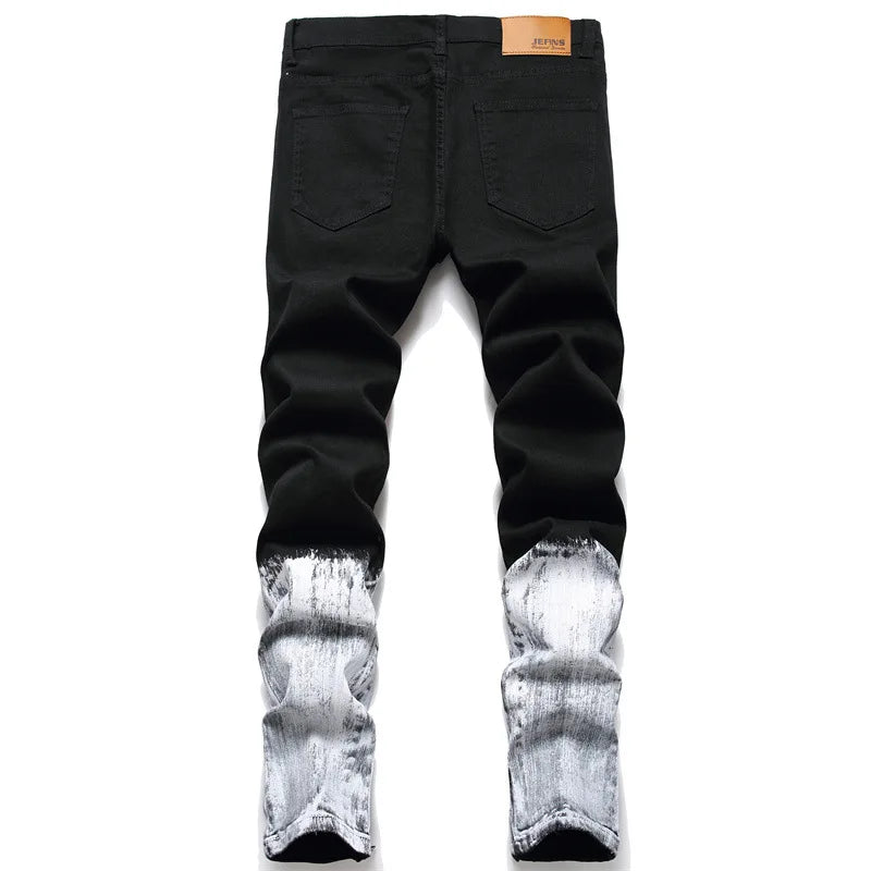 Men Rose Embroidery Jeans Fashion Holes Ripped Stretch