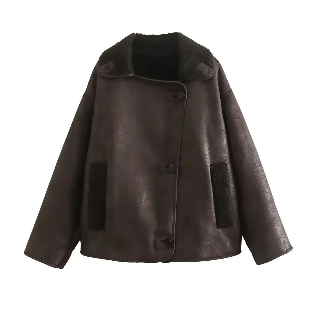 TRAFZA 2023 Winter Casual Solid Faux Leather Long
