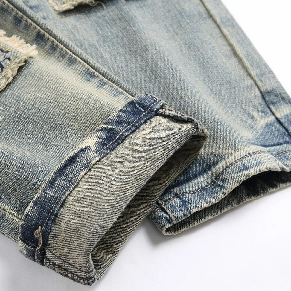 Men Embroidery Patches Denim Jeans Holes Ripped Distressed