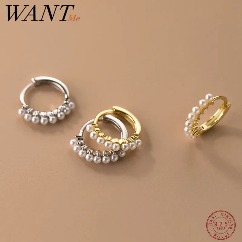 WANTME 925 Sterling Silver Vintage Simple Pearl Huggies