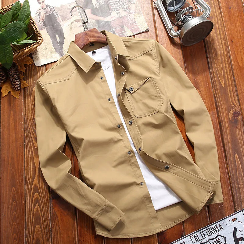 Men's Shirts Military Casual Shirt Cotton Khaki Retro