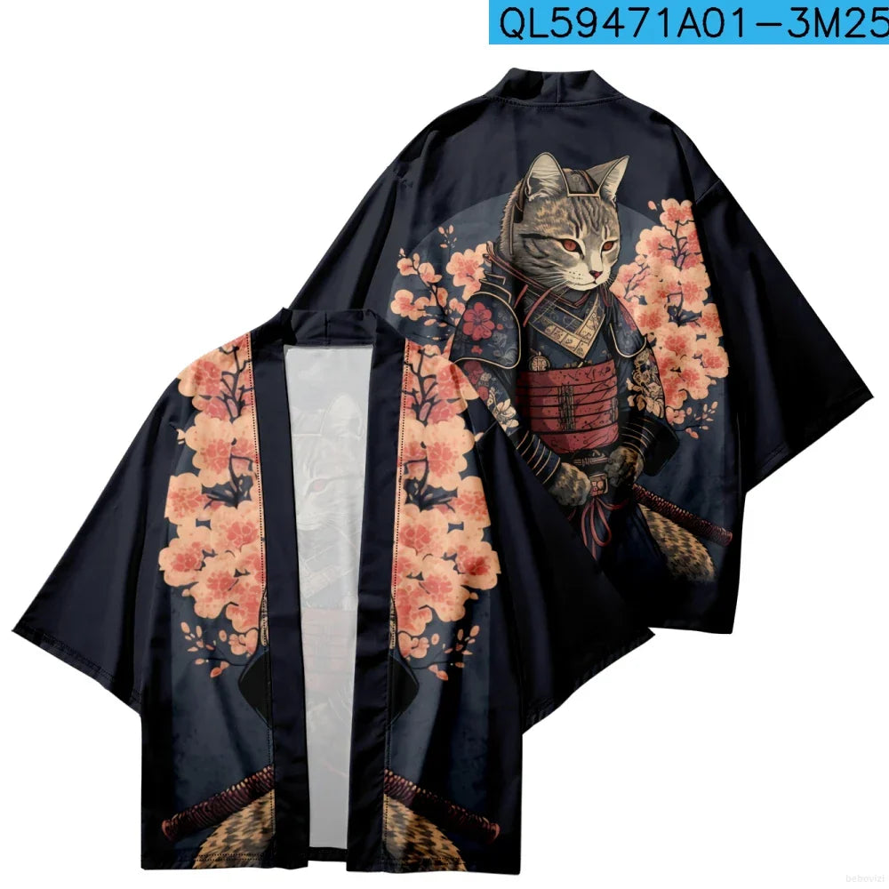 Plus Size Japanese Sakura Cat Samurai Print Kimono