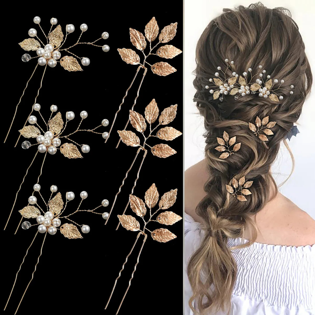 Pearl Flower Hairpin Side Comb Golden Leaf Shaped