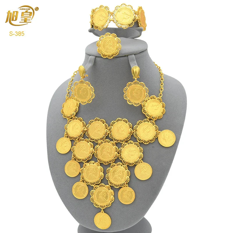 African 24K Gold Color Coins Necklace Bracelet Sets