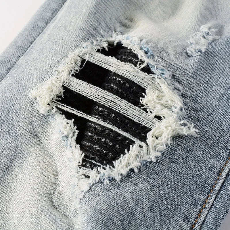 Men Leather Patches Denim Jeans Streetwear Holes Ripped