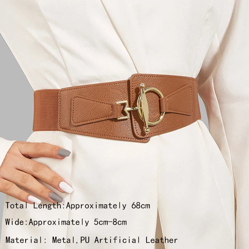 Women Elastic Stretch Waistbands Female Gold Round Buckle