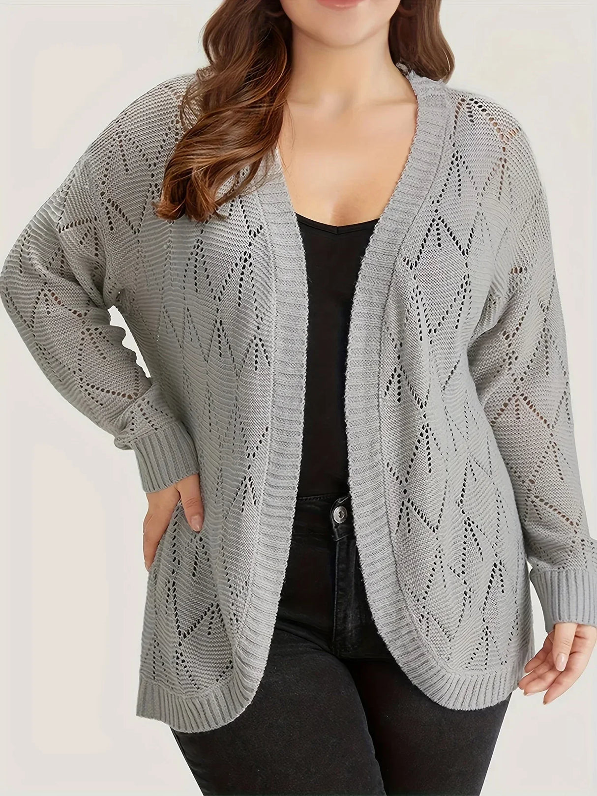 Plus Size Women's Solid Hollow Out Open Front