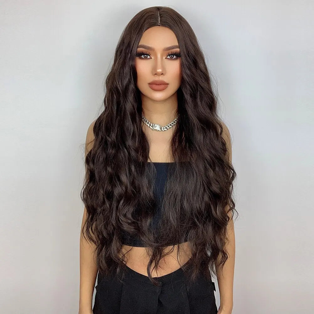 HAIRCUBE Long Brown Curly Wavy Wig for Women
