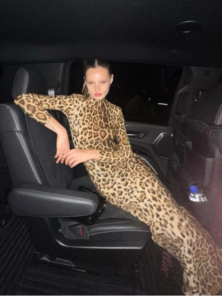 Sexy Leopard Print Dress Women Long Sleeve Turtleneck