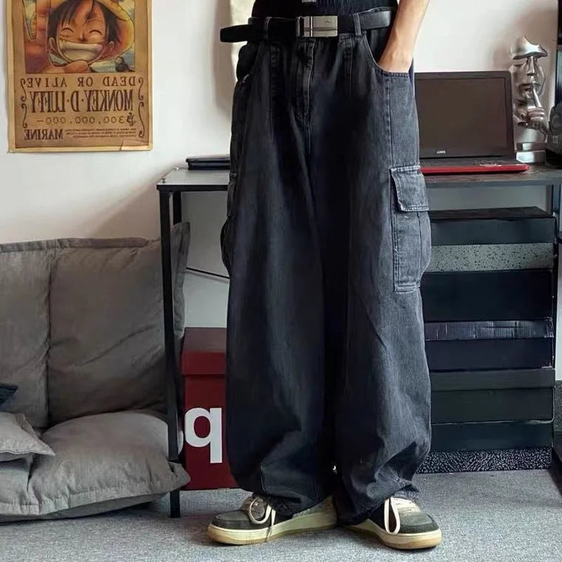 HOUZHOU Baggy Jeans Trousers Male Denim Pants Black