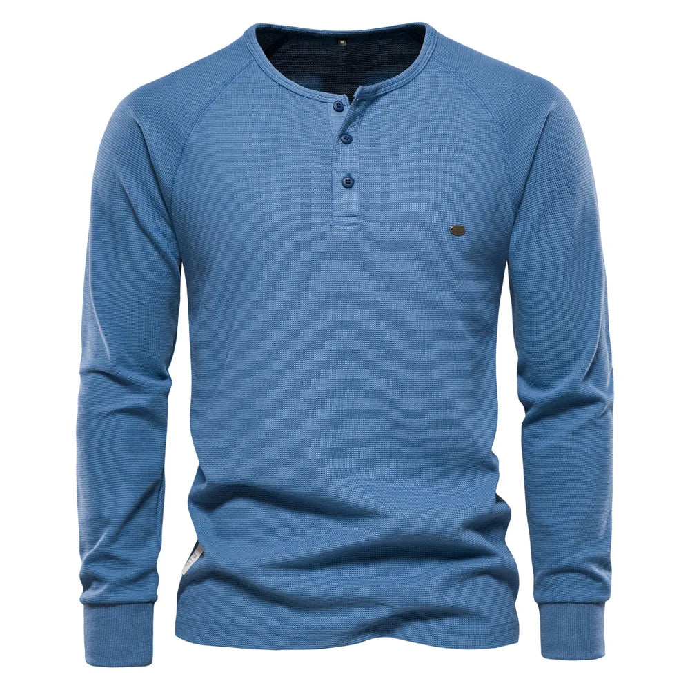 AIOPESON Waffle Henley T-Shirt Men Long Sleeve Basic