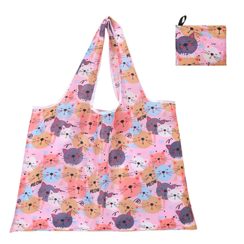 Cat Panda Animal Flower Pattern Large Folding Shopping Bag Easy to Carry Reusable Large Capacity Eco Storage Handbag