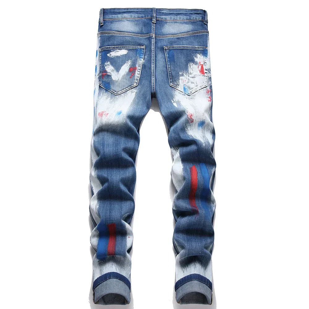 Men's Painted Button Fly Denim Jeans Streetwear Blue