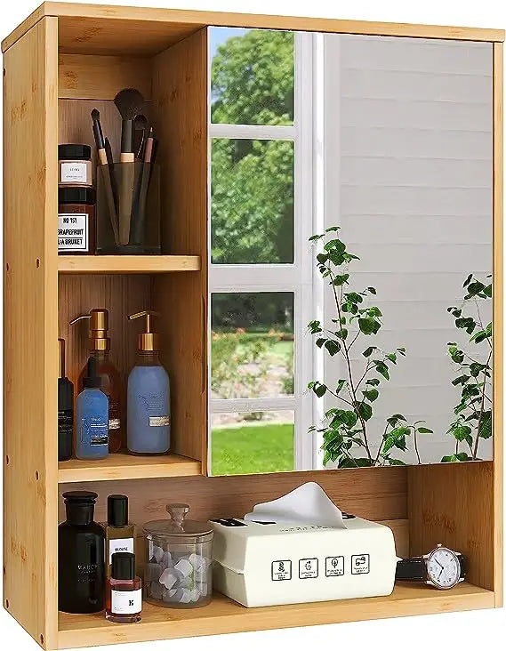 SMIBUY Bathroom Mirror Cabinet Wall Mounted, Bamboo Space
