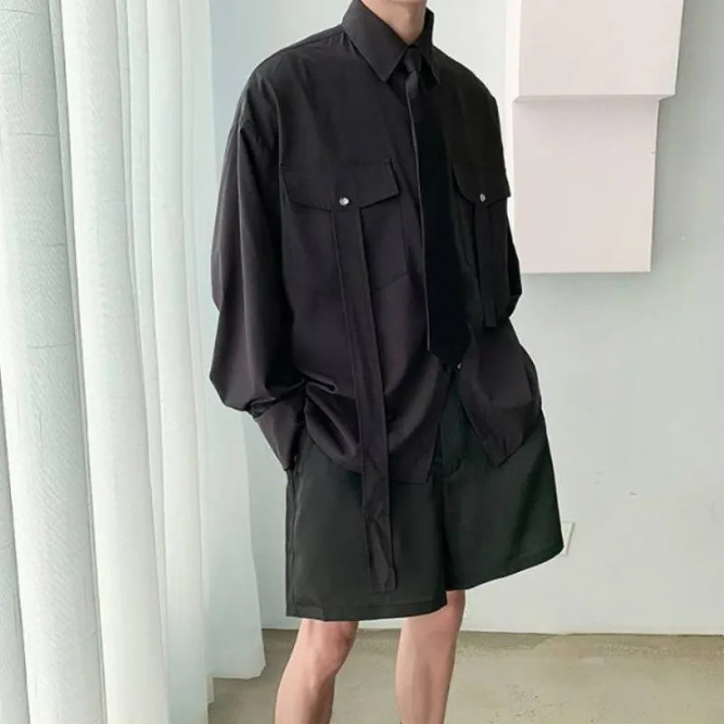 Gmiixder Cargo Long-sleeve Shirt with Tie Men's Oversize