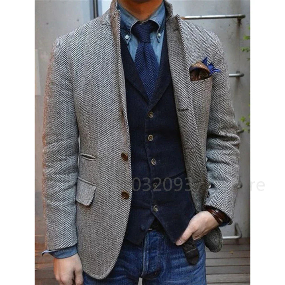 Men's Suit Brown Herringbone Blazer Prom Tuxedos Wool
