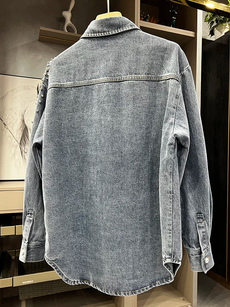 IEQJ Diamonds Patchwork Denim Jackets For Women Lapel