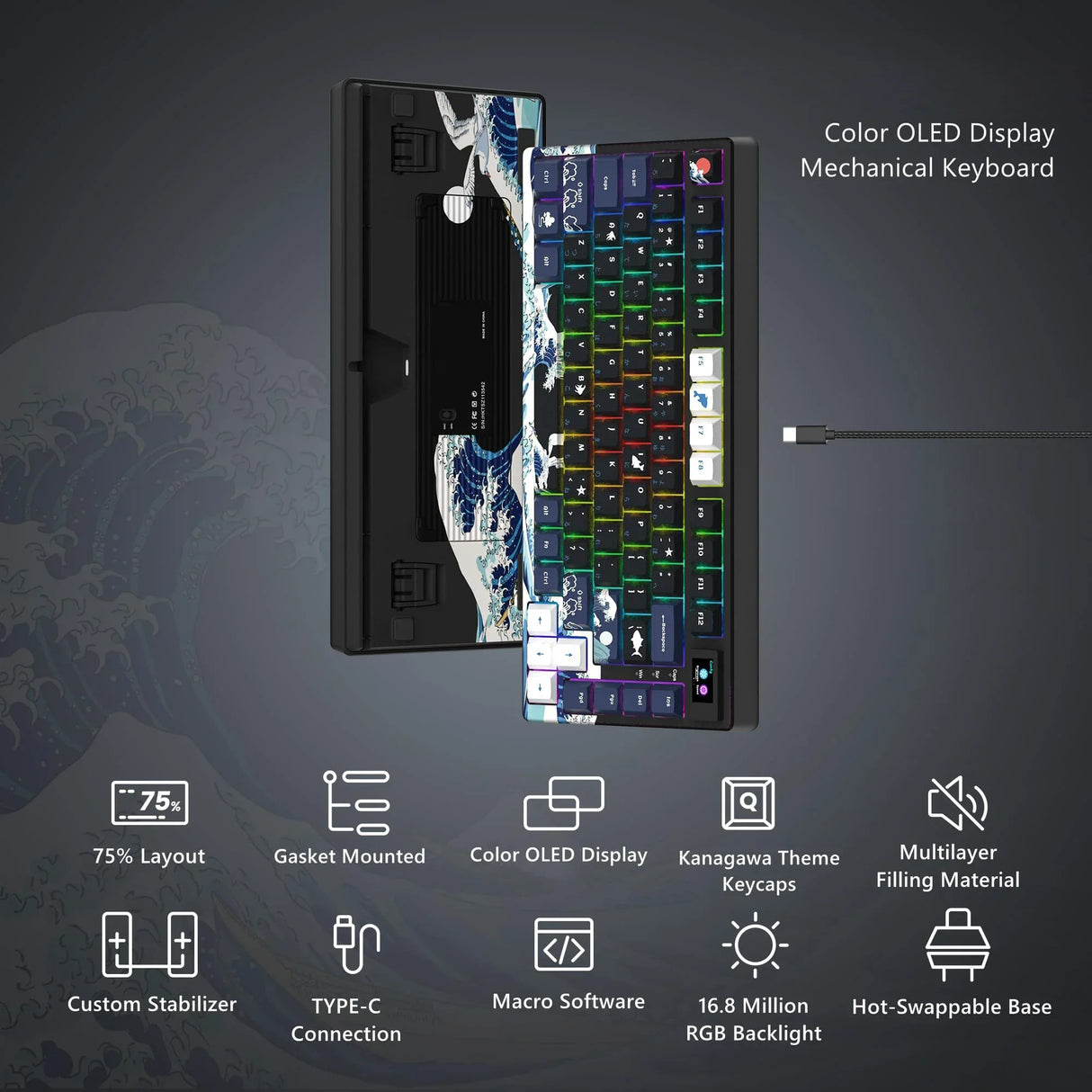 Wired Mechanical Gaming Keyboard with OLED Display Full