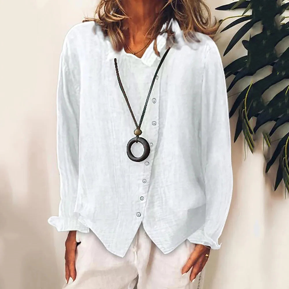 Womens Cotton Solid Long Sleeve Blouse Tops Baggy