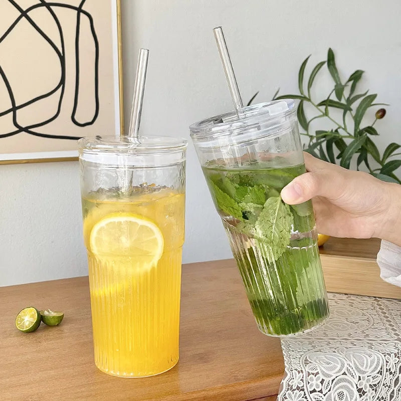 600ml Ins Stripe Glass Cup With Lid and