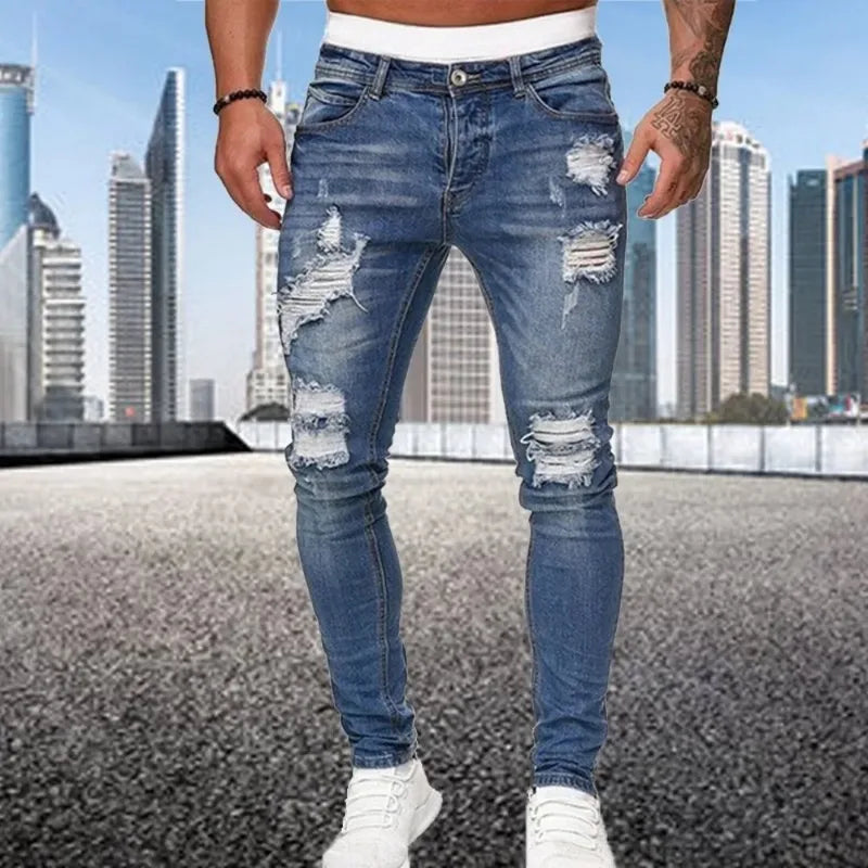 2024 New Ripped Skinny Jeans Men Vintage Wash