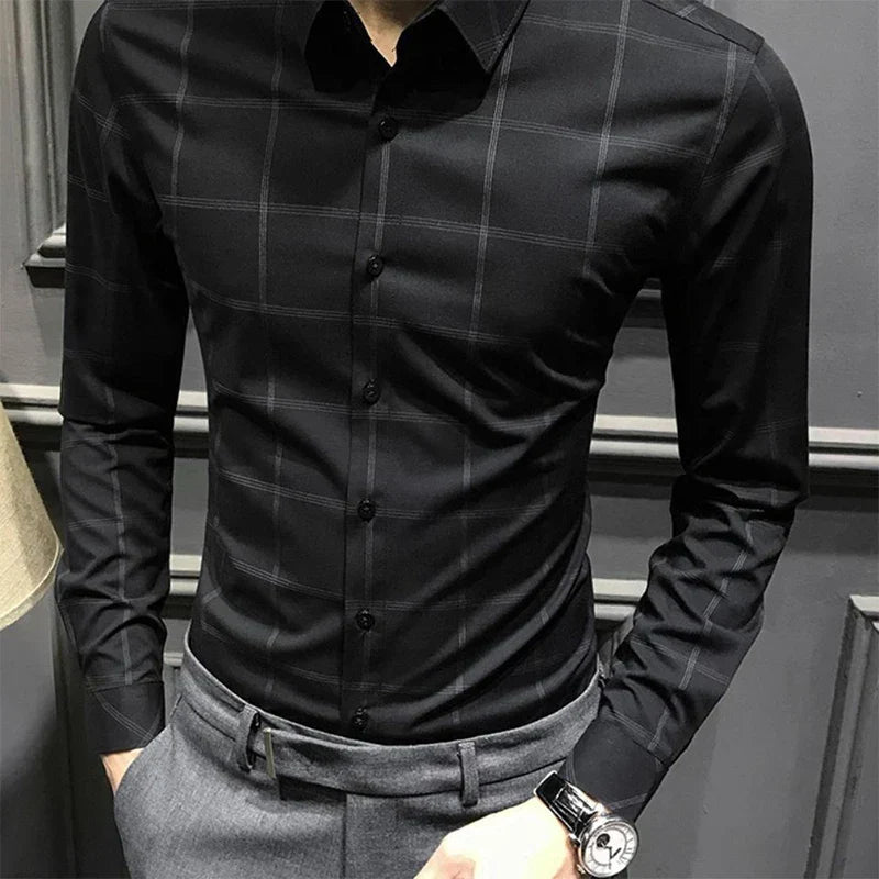 Spring Autumn Polo-neck Plaid Printed Bottoming Shirt Male